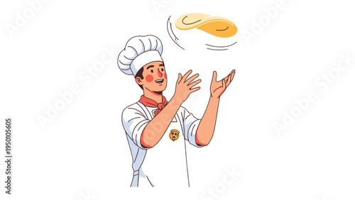 Culinary Acrobatics: A skilled chef in full uniform tosses dough with impressive dexterity, showcasing his expertise and passion for the culinary arts.