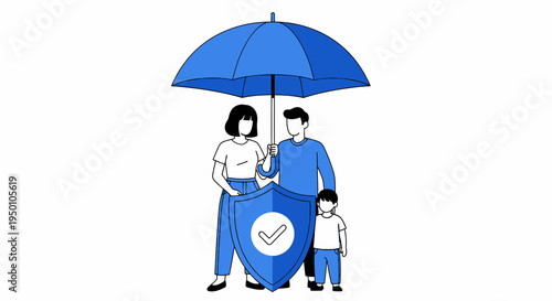 Family protected by umbrella and shield