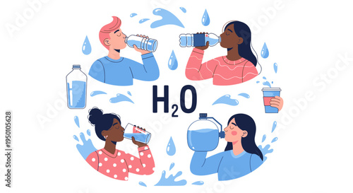 People drinking water from various containers