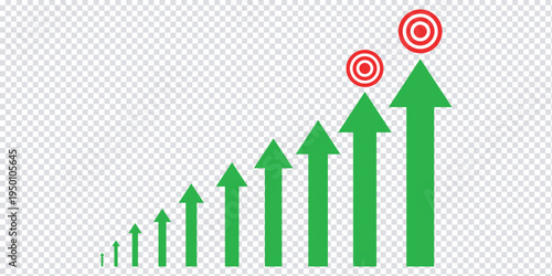 Business growth concept showing green arrows rising on a graph towards a target, symbolizing upward success, financial progress, strategic achievement, and corporate performance in a modern business