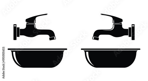 Two modern faucets with sinks in a black and white illustration