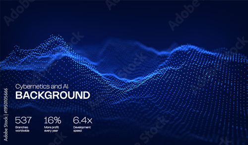Abstract cyber ai background digital design with wireframe landscape grid dots. 3D mountain and futuristic technology topographic big data concept. 
