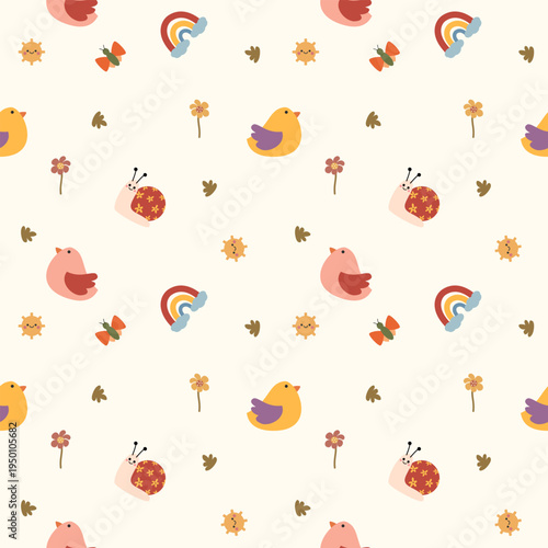 Bird cartoon so cute. On snail butterfly rainbow cloud leaf sun background. Pattern seamless vector illustration