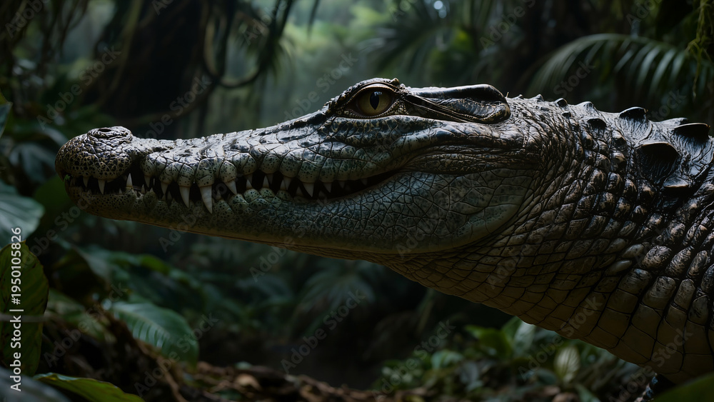 Fototapeta premium Close-up of crocodile in tropical river or swamp habitat. Suitable for wildlife banners, nature articles, educational materials, adventure tourism, and website design. 