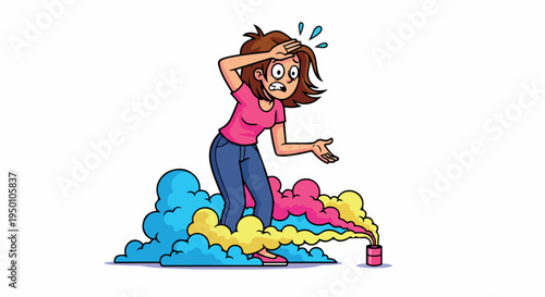 Cartoon woman standing on colorful paint clouds with shocked expression and hand on head.