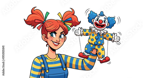 A cheerful young girl with pigtails holding a colorful clown marionette on strings against a clean white background.
