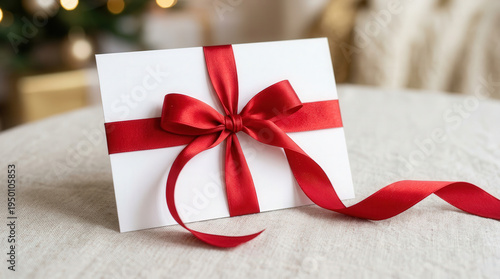 Elegant Gift Card Present with Red Satin Ribbon and Bow on Soft Surface