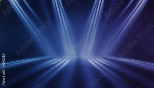 Empty Dramatic Stage Background with Blue Spotlights and Smoky Neon Light Beams