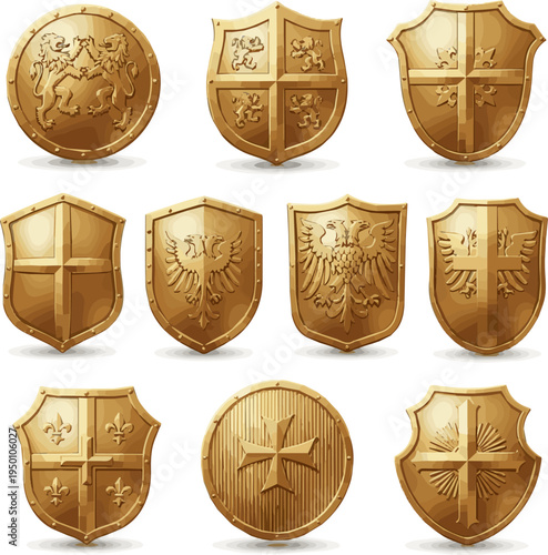 Create a realistic kinds of deferent Gold shield vector art with white background..