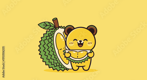 Cute yellow bear character holding durian fruit mascot illustration