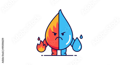 Split Fire and Water Cartoon Character with Grumpy Face Expression