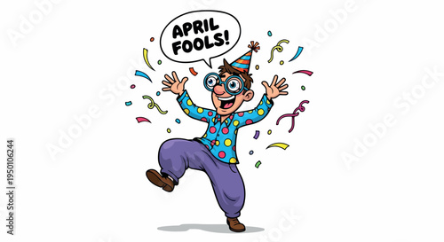 Cartoon man in colorful outfit celebrating with confetti and 'APRIL FOOLS!' speech bubble on white background.
