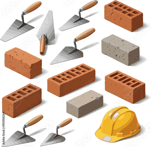 Create a realistic kinds of deferent Trowel, Bricks and Construction helmet vector art with white background.