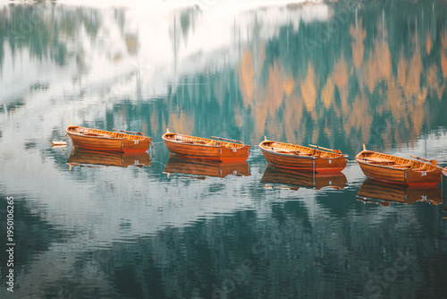 View of wooden boats adrift on the serene lake, reflecting the surrounding forest's autumn colors in a mirrored dance of nature, Bolzano, Trentino-South Tyrol, Italy.