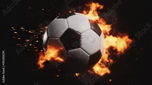 Dynamic footage of a soccer ball engulfed in intense flames spinning dramatically against a dark