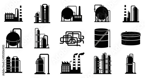 Industrial Plant Silhouettes - Refinery, Storage Tanks, and Piping Systems.