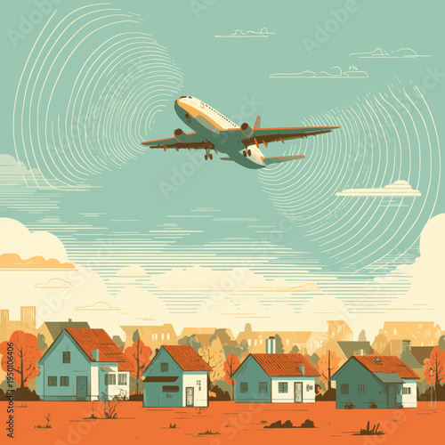 Airplane creating noise pollution over suburban homes