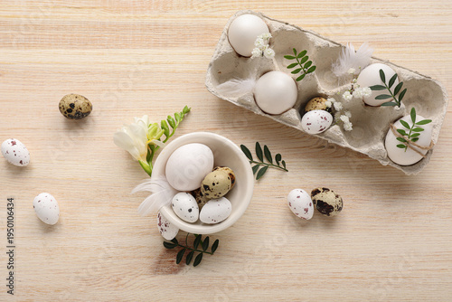 Bowl with Easter eggs, leav...