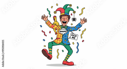 A colorful cartoon jester dancing joyfully with confetti and a white envelope in a playful, celebratory scene with bright, festive colors.