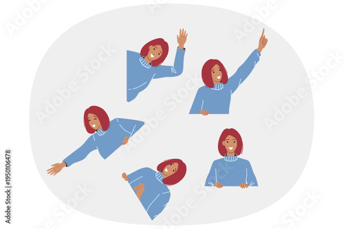 Woman with white banner or space for your advertisement waves hand in greeting or points to advertisement offer. Marketing proposal from attractive girl for promotional companies during sales season