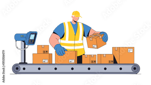 Warehouse Efficiency: An illustration captures a warehouse worker efficiently managing packages on a conveyor belt. A scene representing the seamless operation of logistics and delivery processes.