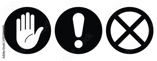 Stop, sign icon featuring hand, exclamation mark, and cross in circle symbols, warning and prohibition concept, modern flat vector illustration for traffic safety, apps, websites,
