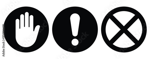 Stop, icon set with hand, exclamation mark, and circular cross symbols, representing caution, prohibition, and safety alerts, clean modern flat vector design