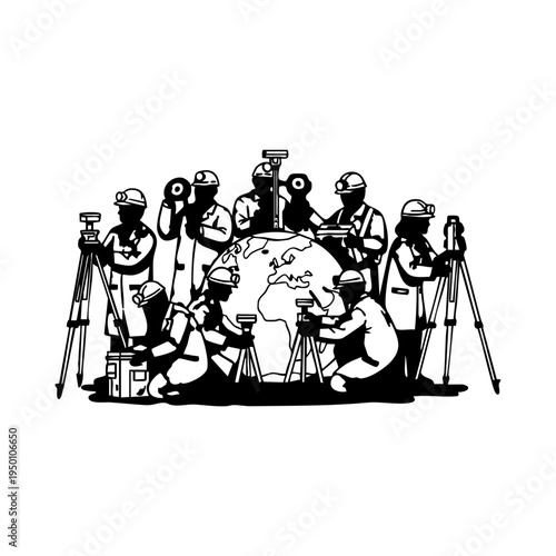 Geomagnetic Survey Team  Geologists Measuring Earth Magnetic Field with Magnetometer Equipment Silhouette Vector Illustration