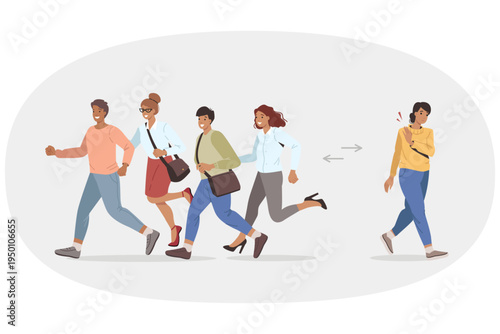 Woman has given up career race and wants to take different path from one imposed by society. Unambitious girl walks in opposite direction from running people, participants in career race.