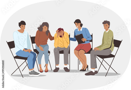 Group psychotherapy in alcoholics anonymous club, with team of people comforting upset man. Alcoholics anonymous section is trying to help friend who is victim of addiction to beer or vodka