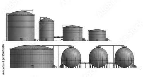 Array of Industrial Storage Tanks for Chemical or Petroleum Products.