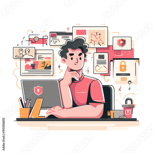 Cybersecurity Analyst Working on Laptop with Security Screens