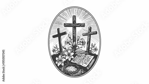 Three Christian Crosses with Bible and Lilies on Calvary Hill