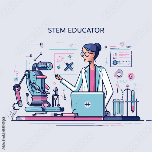 Educator teaching robotics with laptop and science tools
