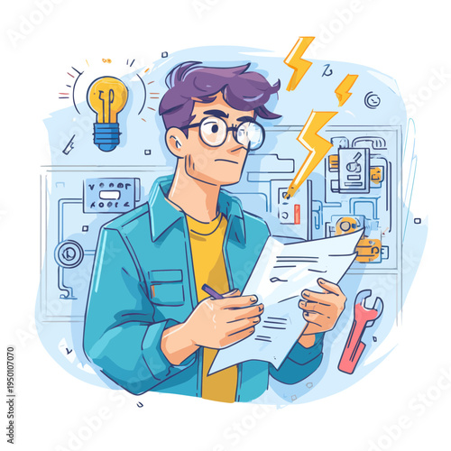 Electrical Engineer Analyzing Technical Documents with Ideas
