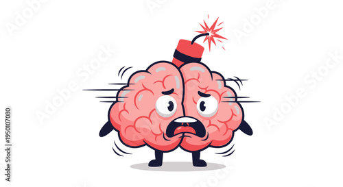 Cartoon brain character with lit dynamite bomb on white background