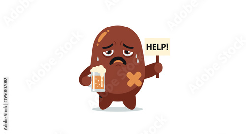 Injured Liver Character Holding Alcohol and Help Sign