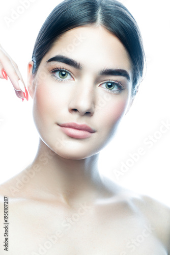 Beauty portrait of fashion model woman, clean skin, natural make-up, green eyes