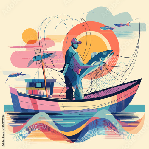 Fisherman proudly displaying a large fish catch on his boat