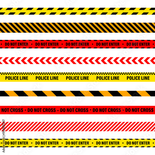 Barricade construction tape. Colorful police warning line, brightly colored danger or hazard stripe, ribbon. Restricted area, zone. Attention symbol. Vector illustration