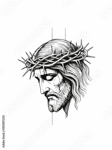 Jesus Christ with Crown of Thorns Religious Sketch Illustration