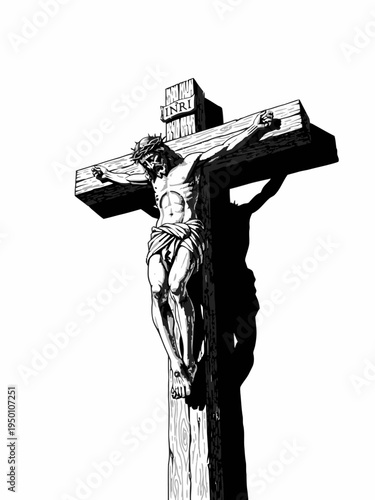 Jesus Christ Crucified on Wooden Cross Ink Illustration