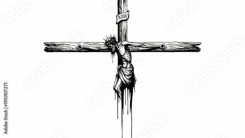 Jesus Christ crucifixion ink sketch on wooden cross isolated