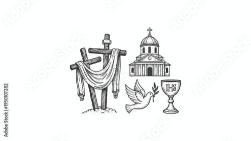 Christian Religious Symbols with Crosses Church Dove and Chalice