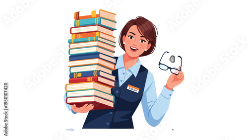 Librarian with literary treasures: A woman, dressed as librarian, holds an extensive collection of books with smile. and she also holds glasses in another hand.