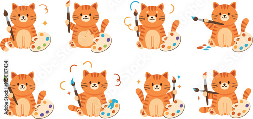Cute Cartoon Kittens Painting with Brushes and Palettes for Artistic, Creative, and Fun Designs
