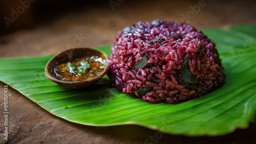 Top-down shot of traditional Ghanaian Waakye rice and beans stained purple, served on a green banana leaf with spicy shito sauce.