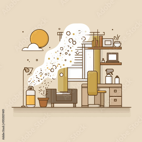 Indoor air pollution depicted as particles emanating from a bottle