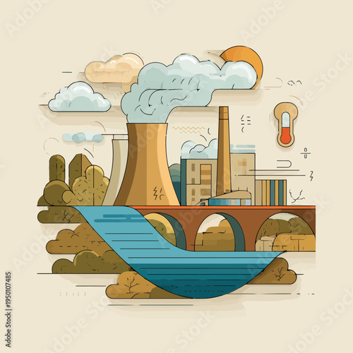 Industrial factory emitting smoke over a river and landscape