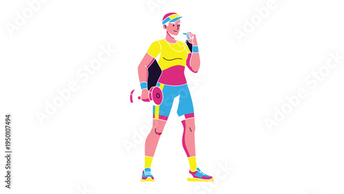 Energetic Workout: A vibrant depiction of a dedicated individual engaging in a fitness regimen, lifting a dumbbell and taking a moment to catch their breath.